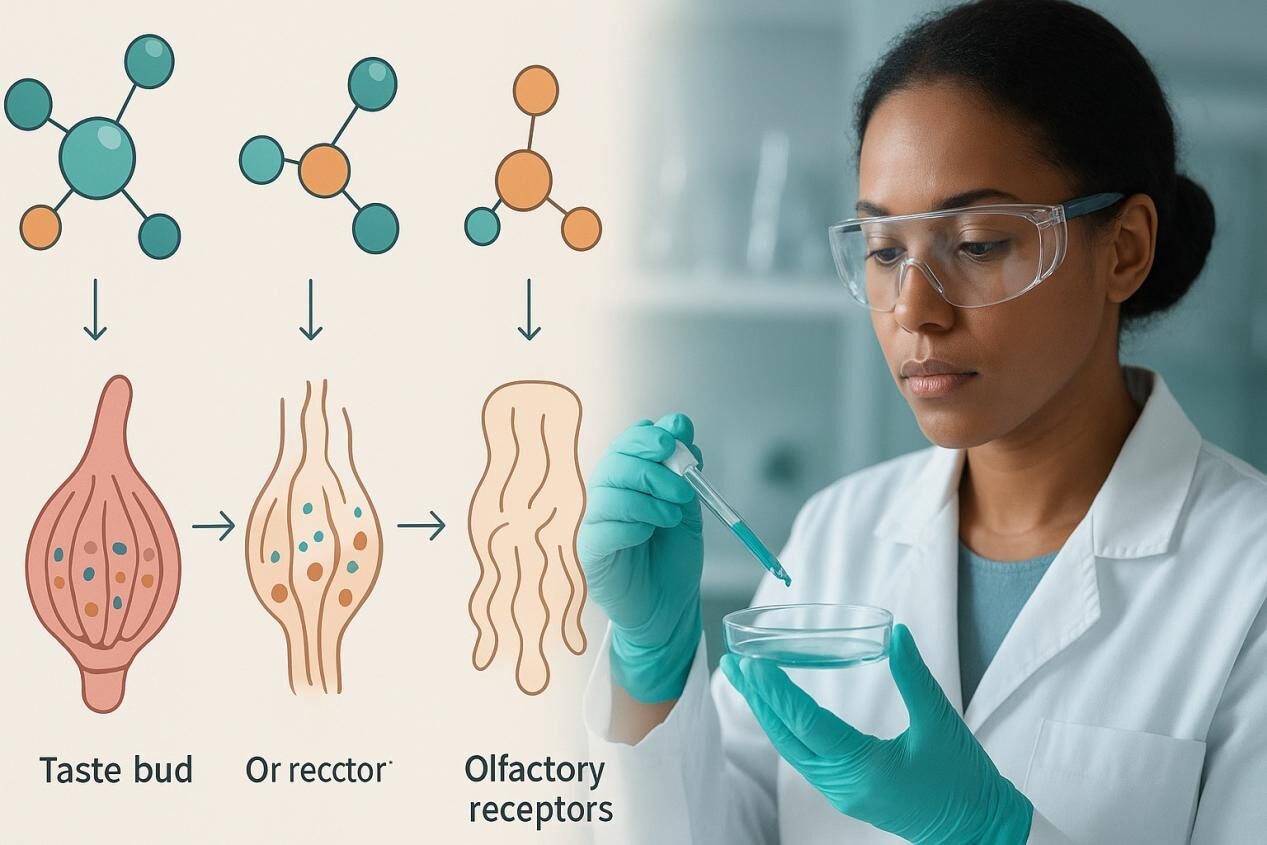 A realistic infographic showing flavor perception pathways, with stylized molecules interacting with taste buds and olfactory receptors, alongside a scientist in a lab analyzing flavor compounds.