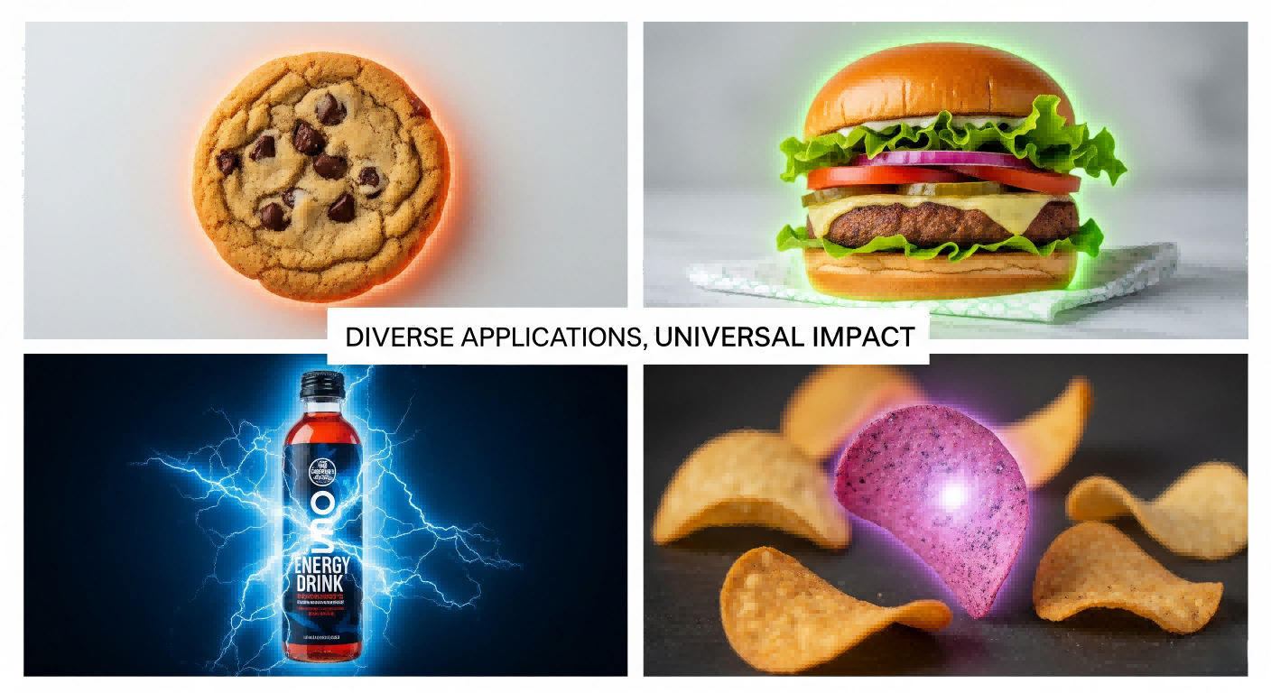 A four-panel grid showing different food products. The top-left panel has a sugar-reduced cookie with an orange glow. The top-right shows a plant-based burger with a green glow. The bottom-left has a fortified energy drink with a blue electric aura. The bottom-right has a gourmet snack chip with a purple glow. The text "Diverse Applications, Universal Impact" is at the center of the grid.