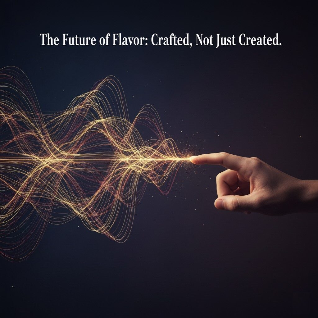 An abstract illustration titled "The Future of Flavor: Crafted, Not Just Created." On the right side of the image, a human hand extends an index finger towards the left. From the