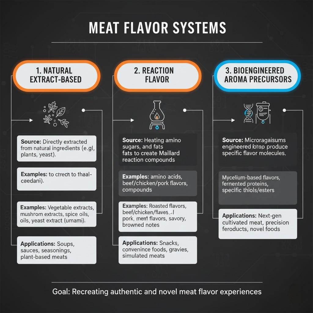 A comparative diagram illustrating three distinct meat flavor systems: natural extract-based, reaction flavor, and bioengineered aroma precursors. It outlines the source, examples, and applications of each system, highlighting their roles in recreating and developing novel meat flavor experiences for various food products.