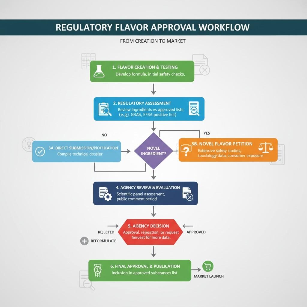 A detailed workflow diagram outlining the regulatory approval process for food flavors, from initial creation and testing, through regulatory assessment, novel ingredient petitions or direct submissions, agency review, decision, and final approval and publication for market launch.