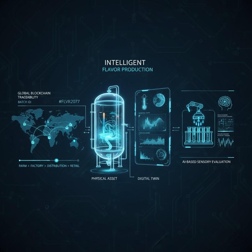 A futuristic graphic showcasing the integration of advanced technologies in flavor production, featuring digital twins of physical flavor reactors for real-time monitoring, AI-based sensory evaluation for advanced aroma analysis, and global batch traceability secured by blockchain technology from farm to retail. This visual represents the next generation of intelligent flavor manufacturing.