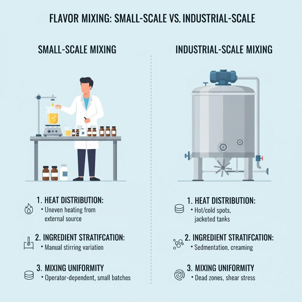 A comparison chart detailing the differences and specific challenges in small-scale flavor mixing versus industrial-scale mixing tanks. It highlights key issues such as heat distribution (uneven heating vs. hot/cold spots), ingredient stratification (manual stirring variation vs. sedimentation/creaming), and mixing uniformity (operator-dependent vs. dead zones/shear stress).
