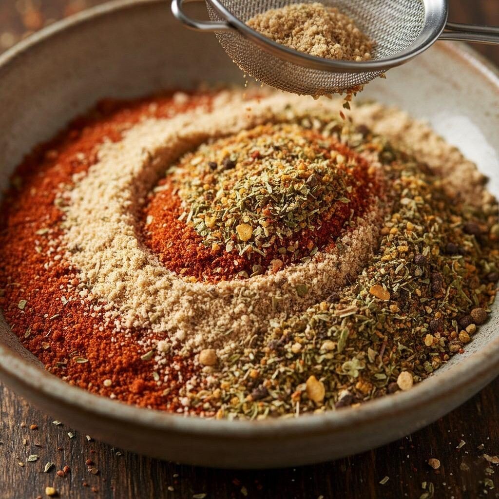 A captivating macro image showcasing a vibrant blend of savory snack seasonings, including dried powders, aromatic spices, yeast extract, and bright tomato powder, expertly mixed to create the perfect flavor profile for delicious snacks. Ideal for food manufacturers, chefs, and culinary enthusiasts.