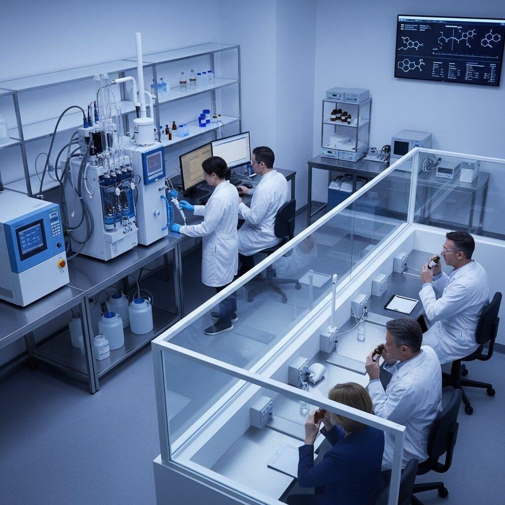 A comprehensive photo of a flavor manufacturing Quality Control (QC) laboratory. The image features GC-MS instrumentation where analysts perform tests, alongside a dedicated section where sensory panelists evaluate aroma, highlighting the robust analytical processes and meticulous quality control in flavor development.