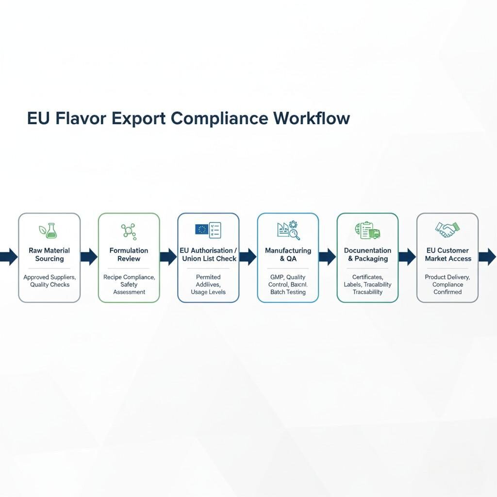 A comprehensive workflow diagram illustrating the end-to-end export compliance process for flavor manufacturers, from raw material sourcing and formulation review to EU authorization, manufacturing QA, documentation, logistics, and final EU customer market access. This visual outlines the critical steps for successful international flavor export.
