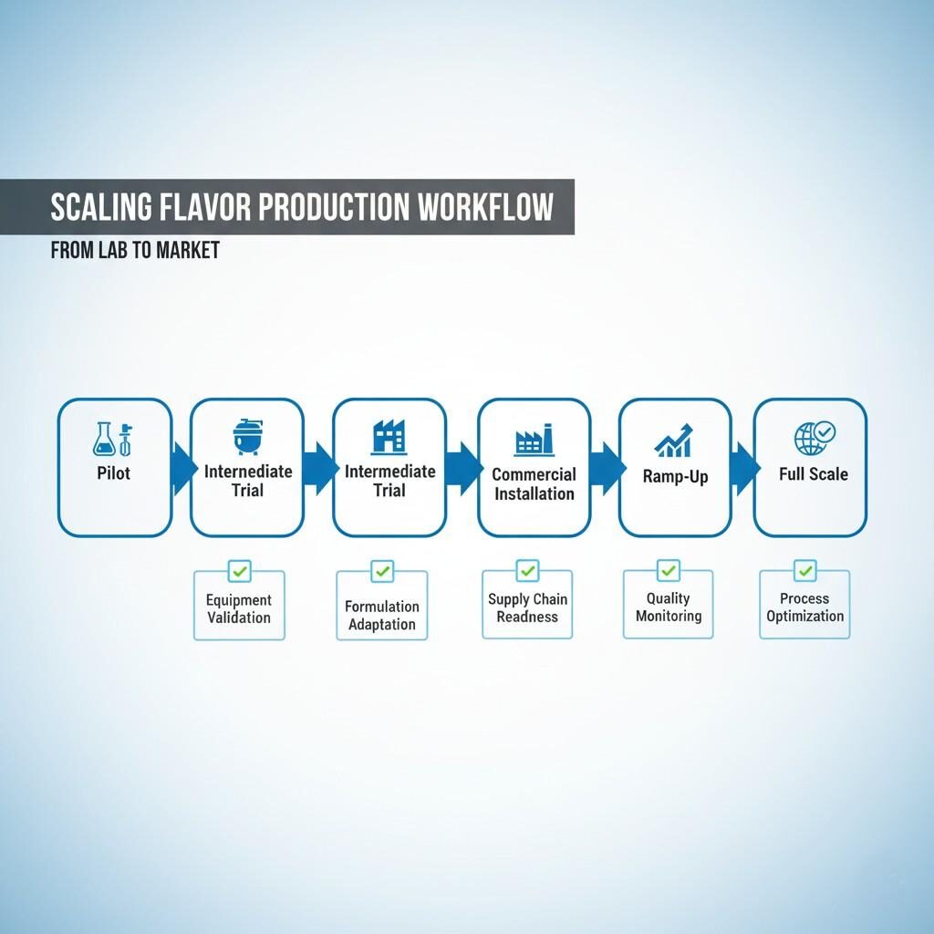 Explore a comprehensive workflow diagram detailing the scaling steps in flavor production, from pilot trials to full-scale commercial operation. This visual highlights critical checkpoints such as equipment validation, formulation adaptation, supply chain readiness, and quality monitoring, presented in a clear corporate style.