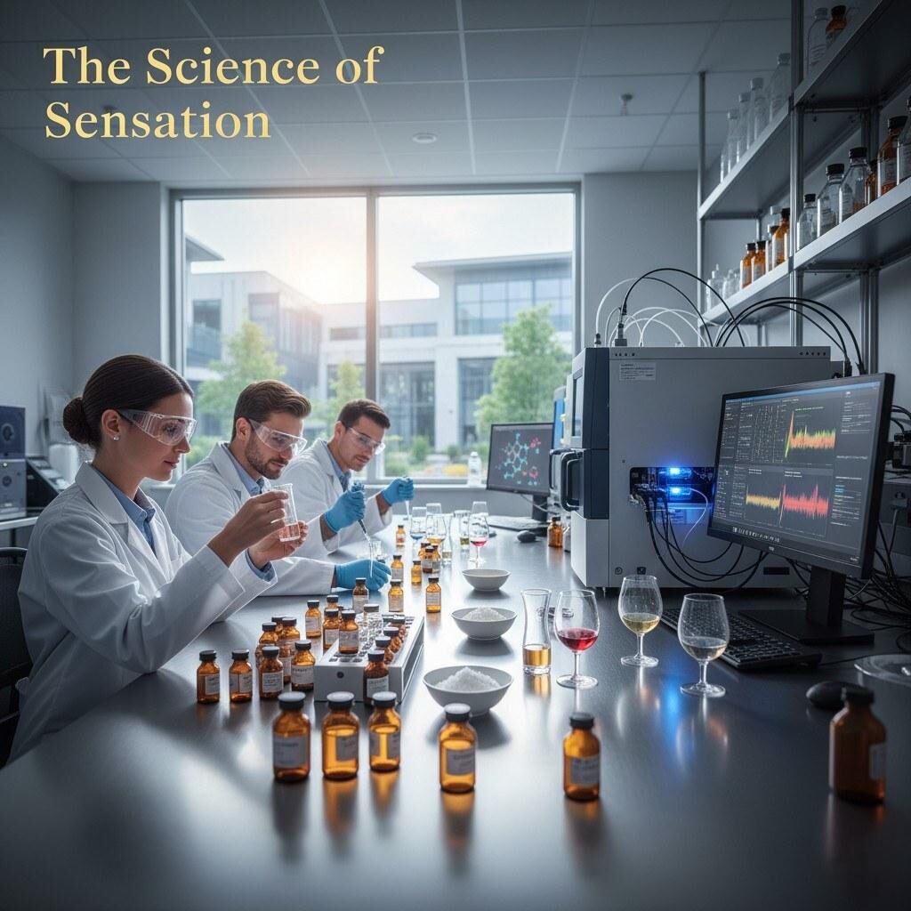 Professional flavorists in a modern laboratory using gas chromatography and sensory analysis to deconstruct aroma profiles. This illustrates the technical precision required to engineer flavors that evoke specific emotional responses.