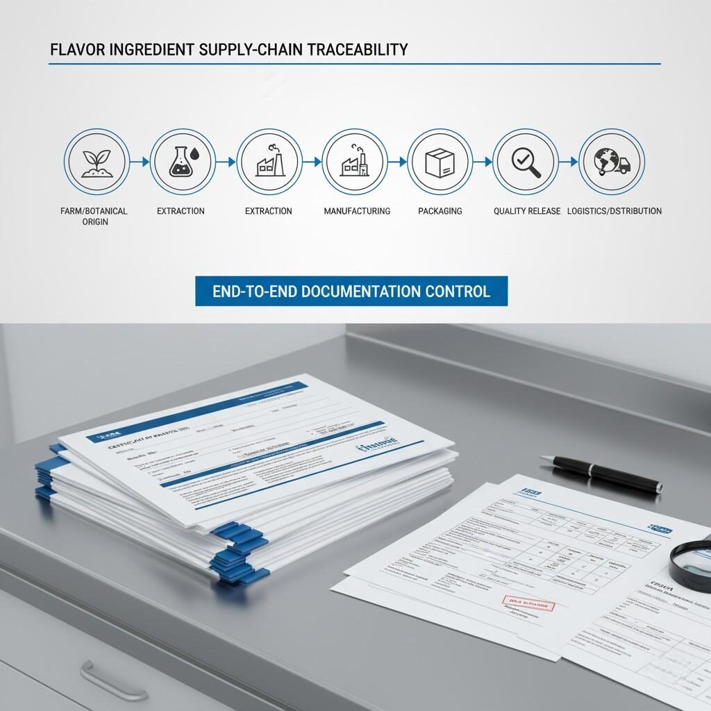 A visual diagram illustrating the end-to-end supply-chain traceability of flavor ingredients, from farm/botanical origin through extraction, manufacturing, packaging, quality release, and logistics. Below the diagram, a photo displays essential documentation packs, including COAs (Certificates of Analysis) and batch records, emphasizing rigorous traceability and documentation control throughout the entire process.