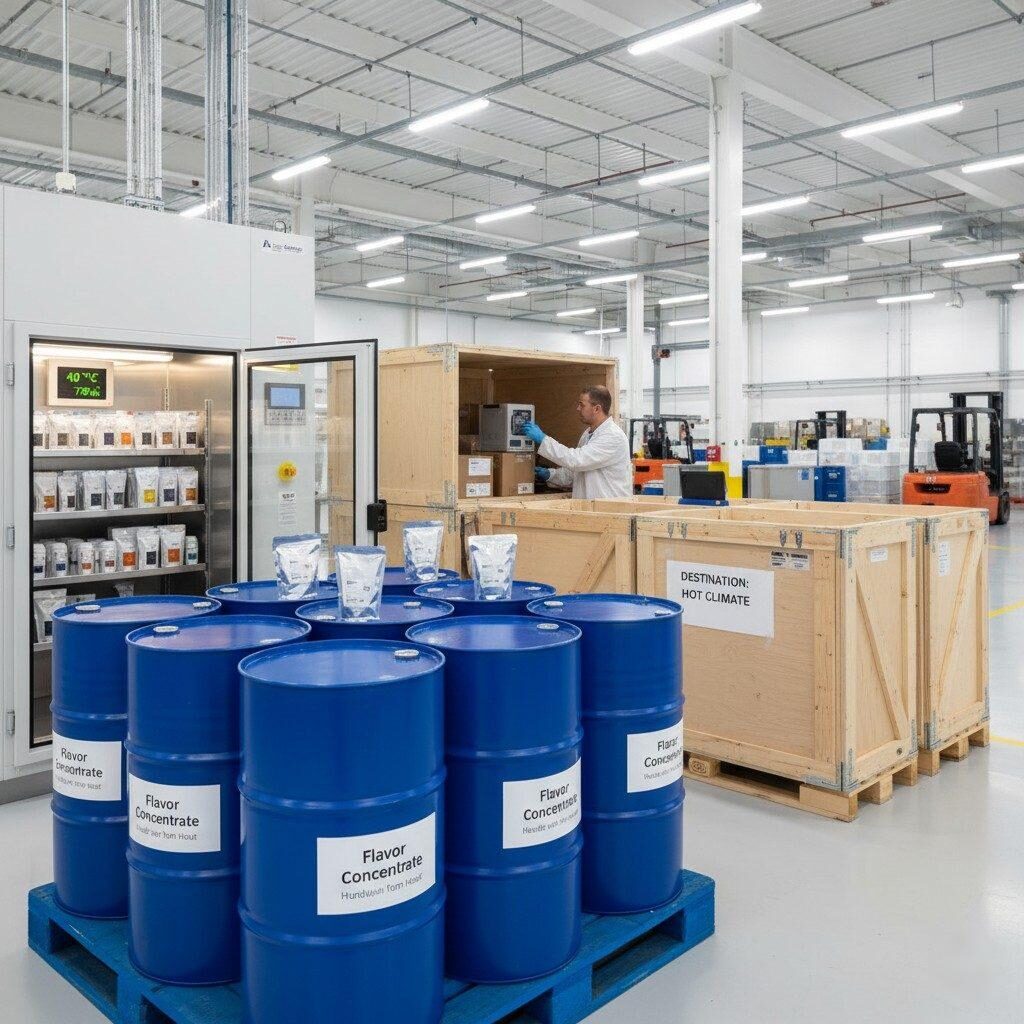 An image showcasing the critical aspects of flavor concentrate storage and distribution, featuring barrier drums, a stability chamber labeled "40 °C/75% RH," and shipping crates prepared for hot-climate destinations, emphasizing the impact of packaging and logistics on product stability.