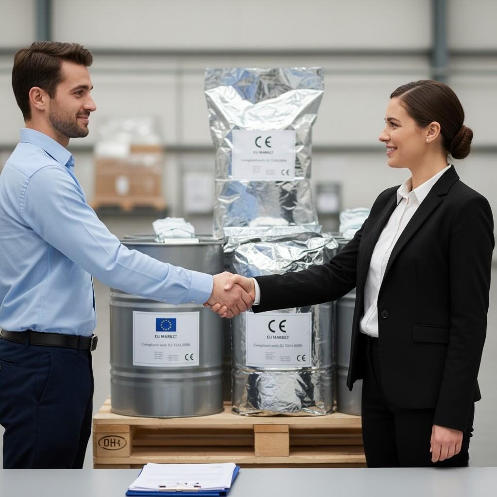 A professional image capturing a flavor supplier and an EU-based food & beverage brand representative shaking hands, symbolizing a successful partnership and EU market access. In the background, export-packaged flavor modules and visible compliance documentation underscore the rigorous process behind their collaboration.
