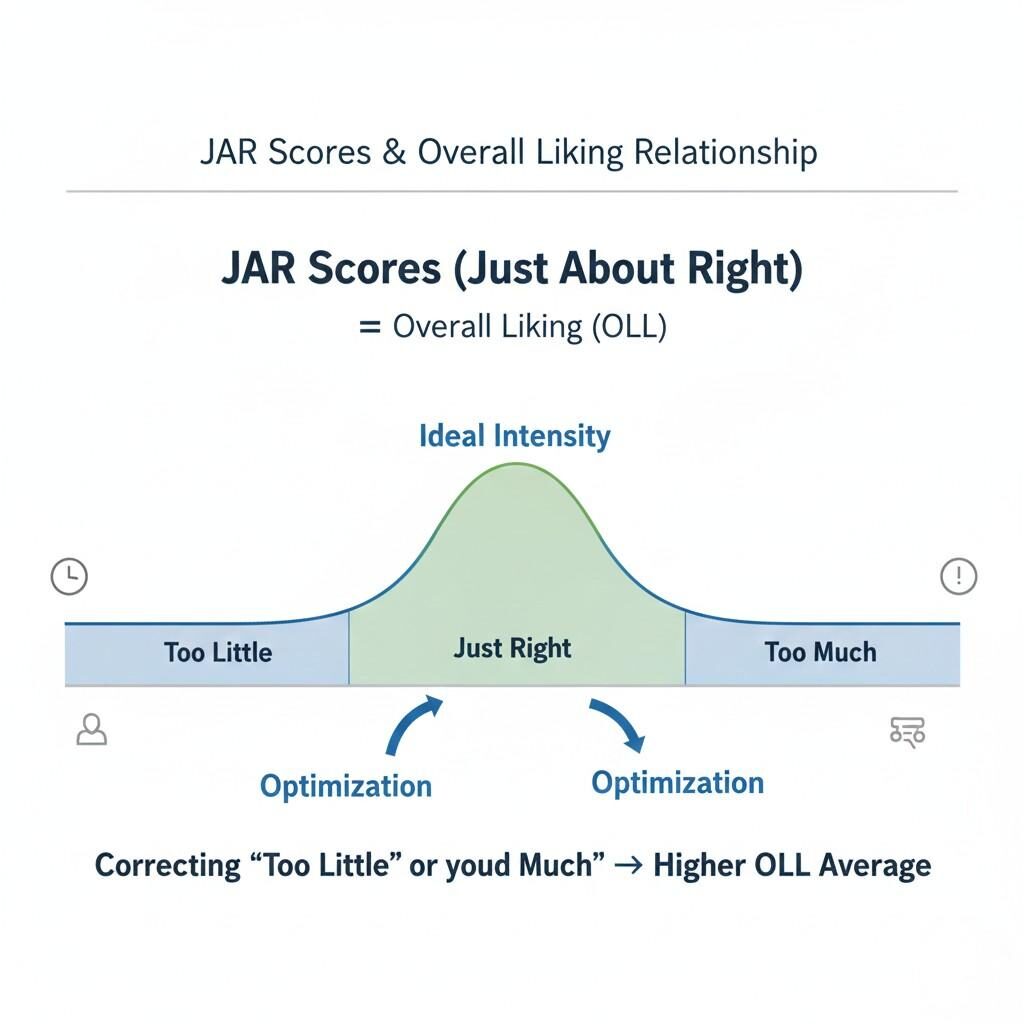  This infographic visually explains the relationship between Just About Right (JAR) scores and Overall Liking (OLL). It highlights the "Ideal Intensity" as a bell curve, showing that optimizing products by correcting "Too Little" or "Too Much" attributes towards the "Just Right" zone leads to a higher average Overall Liking. This illustrates the importance of Optimization for achieving Ideal Intensity in product attributes.
