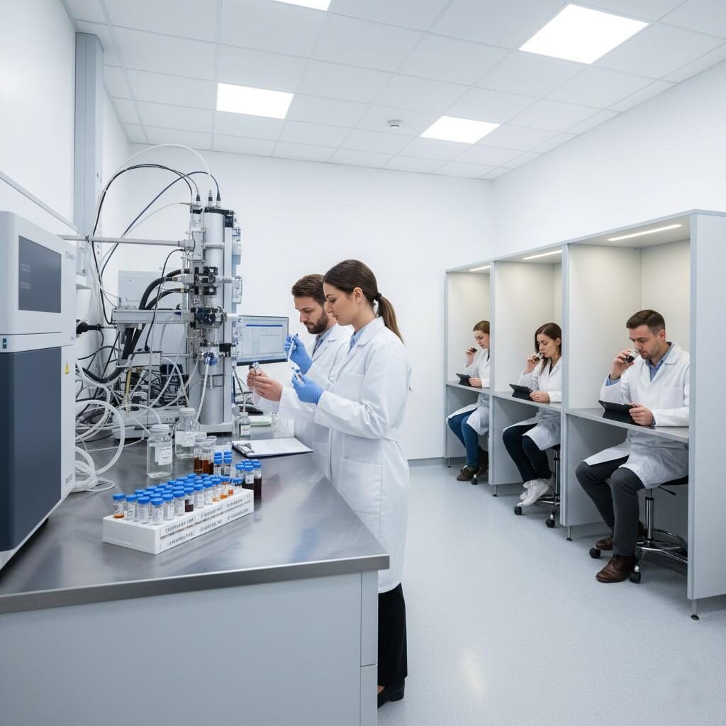 An analytical laboratory scene depicting flavor stability tests, including scientists working with a GC-MS instrument and a sensory panel evaluating samples. This image visualizes the comprehensive analytical and sensory evaluation processes crucial for determining flavor shelf-life.