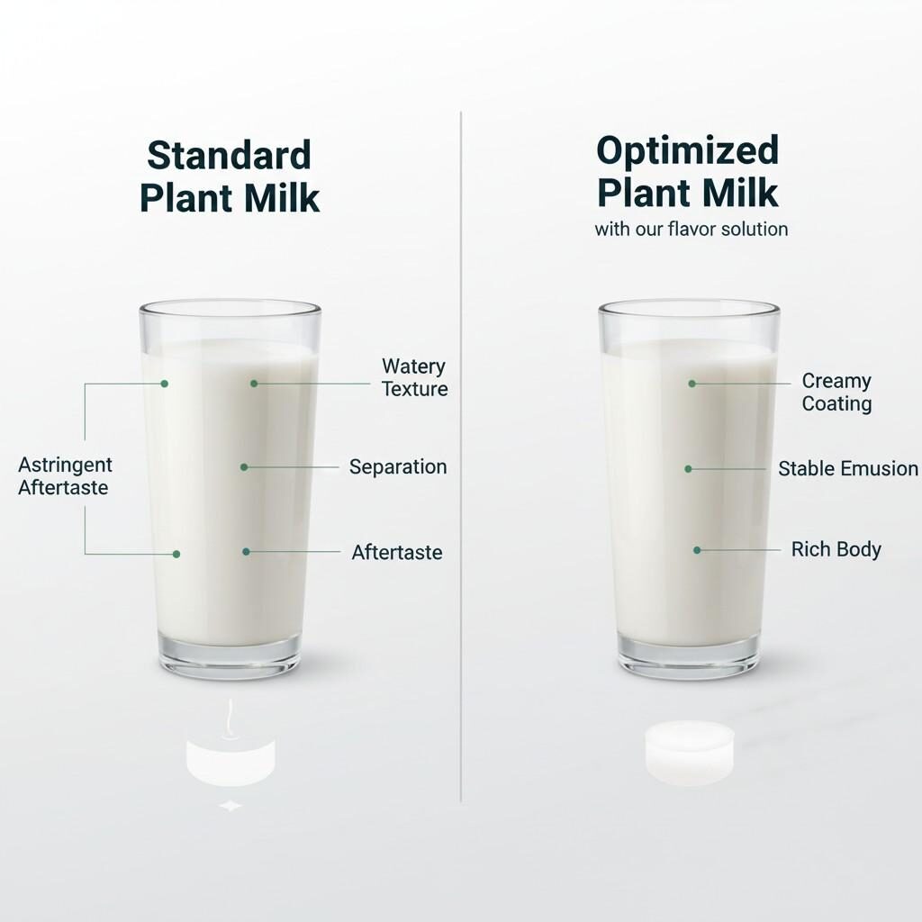 This infographic visually compares the sensory attributes of standard plant milk with plant milk optimized using a specialized flavor solution. Highlighting improvements in texture from watery to creamy, enhanced emulsion stability, and a richer body, it demonstrates how targeted solutions can overcome common challenges like separation and astringent aftertastes in plant-based beverages.