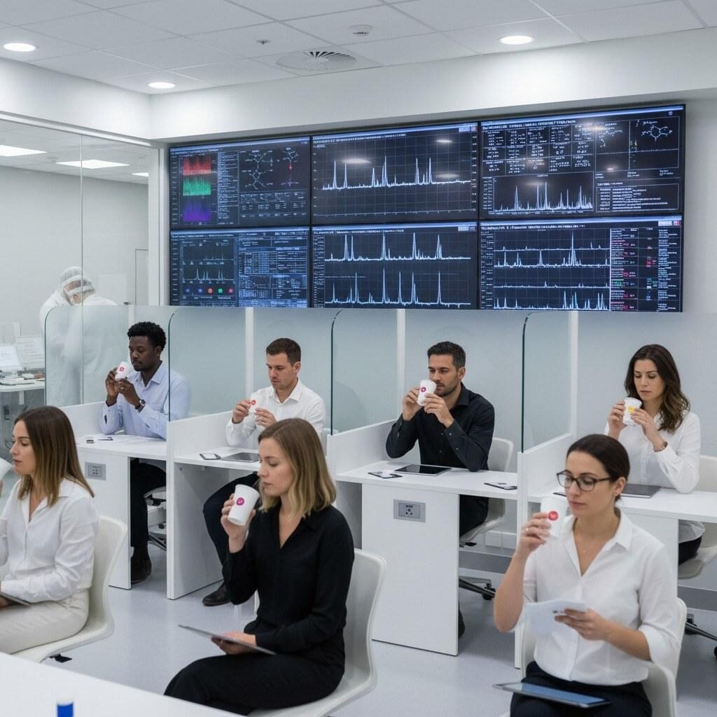 An insightful photo captures a sensory panel diligently performing blind taste tests using coded sample cups, with intricate GC-MS (Gas Chromatography–Mass Spectrometry) data displayed on screens in the background, illustrating the scientific precision behind food and beverage evaluation.