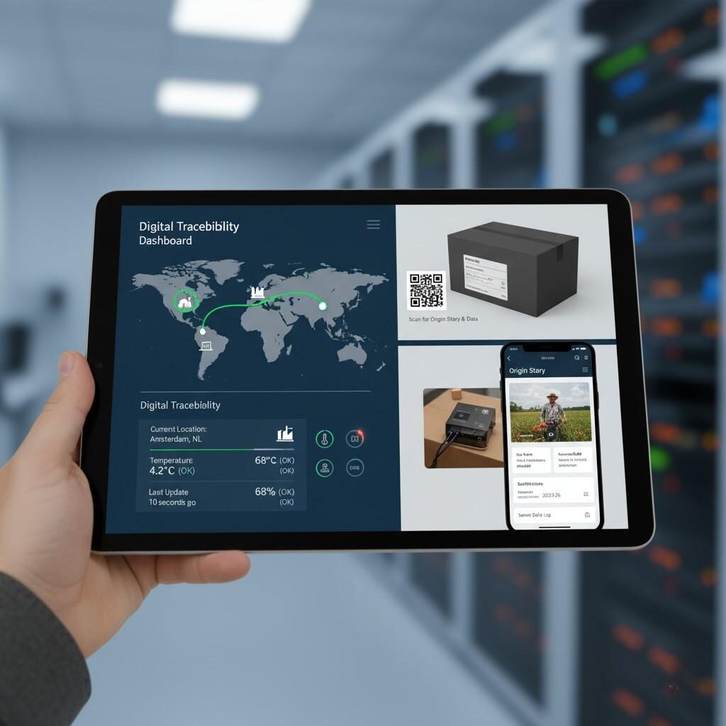 Discover the cutting-edge technologies driving modern supply chain traceability. This image features a digital traceability dashboard with real-time IoT sensor data, a QR code on packaging linking to a product's origin story, highlighting the advanced tools used for enhanced transparency and tracking from farm to consumer