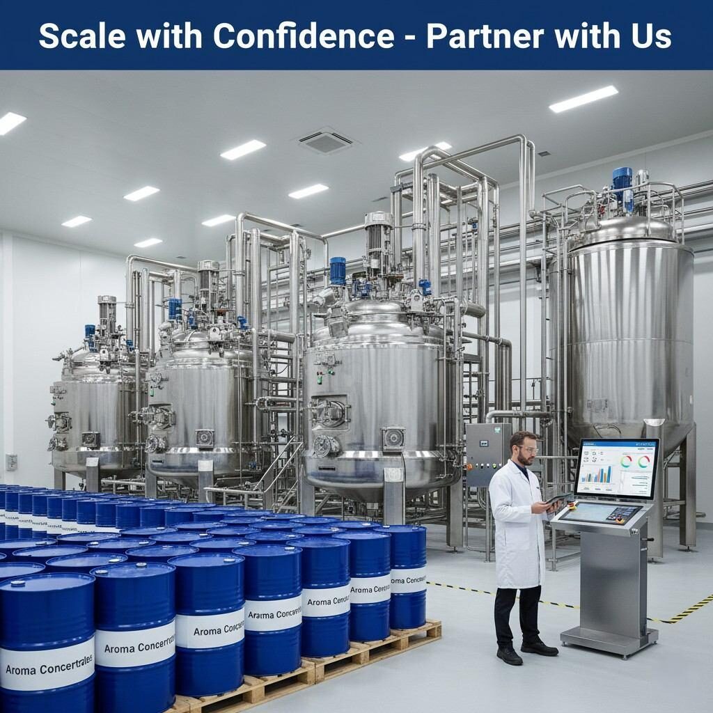 Experience a modern, commercial-scale flavor manufacturing plant featuring large mixing vessels, rows of aroma concentrate drums, and an operator reviewing KPIs on a tablet dashboard. This image embodies professional confidence in scaled flavor production.