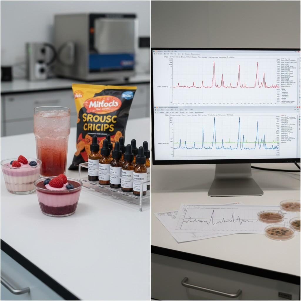 This compelling collage visually connects the journey of flavor development, showcasing a variety of finished flavored products—including beverages, desserts, and snacks—alongside the scientific tools used in their creation. It features laboratory vials containing flavor extracts and detailed GC-MS chromatograms, highlighting the precision and innovation involved in bringing delicious flavors from the lab to market.