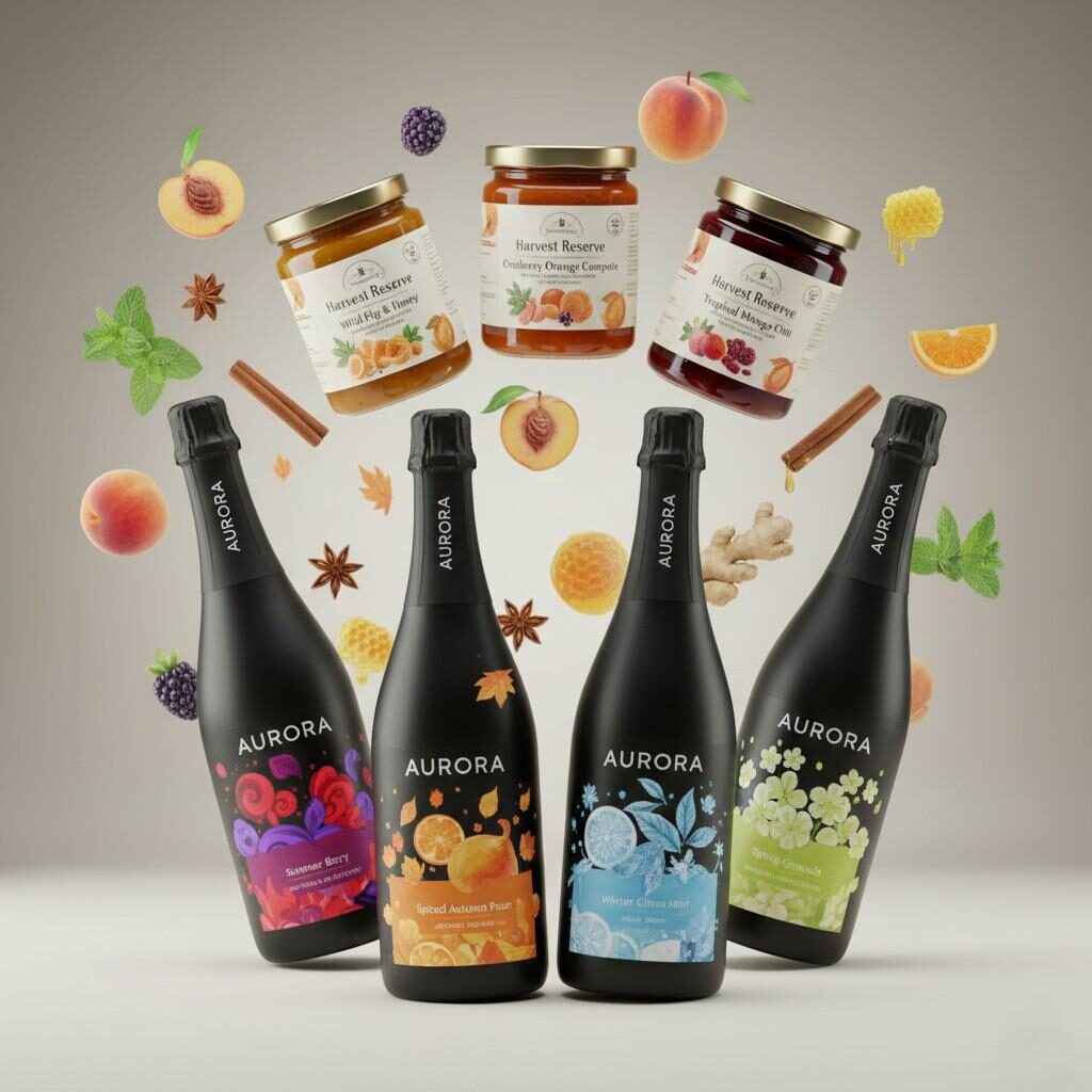  A vibrant and professional product rendering showcasing an exciting array of beverage and food products. The image features a dynamic assortment of seasonal flavors, eye-catching packaging, and colorful aroma illustrations, ideal for marketing and product visualization.