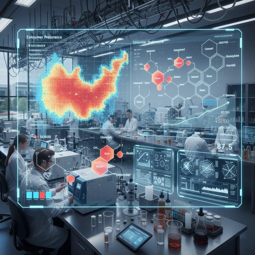 A high-tech Flavor R&D dashboard visualization featuring real-time data on chemical flavor compounds, consumer preference heatmaps, and predictive trend scores to guide food and beverage innovation