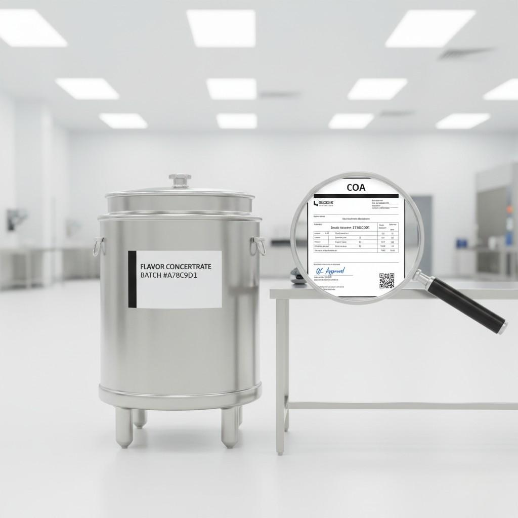 A clear image features a perfectly filled and sealed industrial flavor drum next to a visible Certificate of Analysis (CoA) document. A magnified section highlights a QC signature and unique batch number, emphasizing the rigorous quality control and traceability of flavor concentrates.