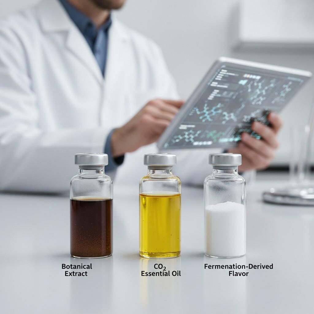 Clean, modern lab image showing three flavor components: a botanical extract, a CO₂-extracted essential oil, and a fermentation-derived powder. Symbolizes the blend of nature and flavor technology