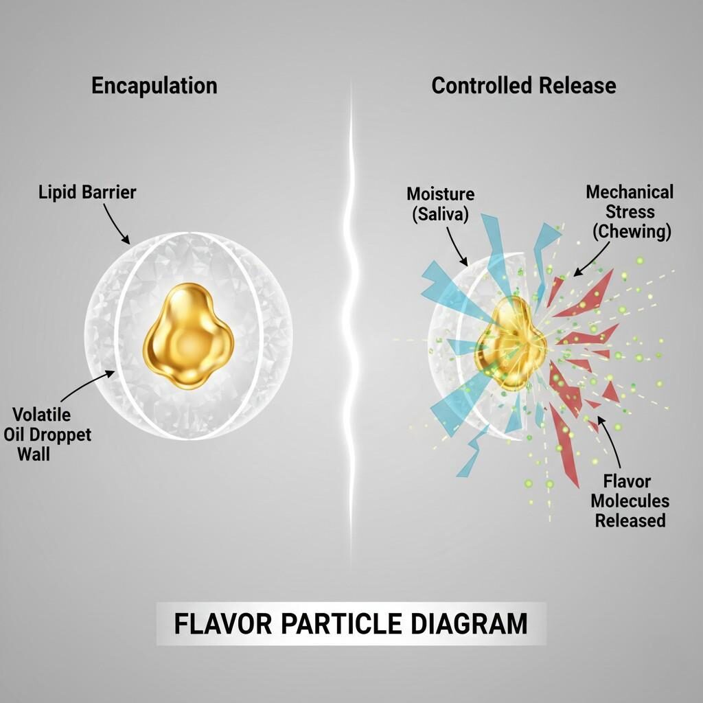 Stylized diagram illustrating a flavor particle. Shows volatile oil encapsulated by a carbohydrate wall and its controlled release via moisture and mechanical stress. Identifies "Lipid Barrier