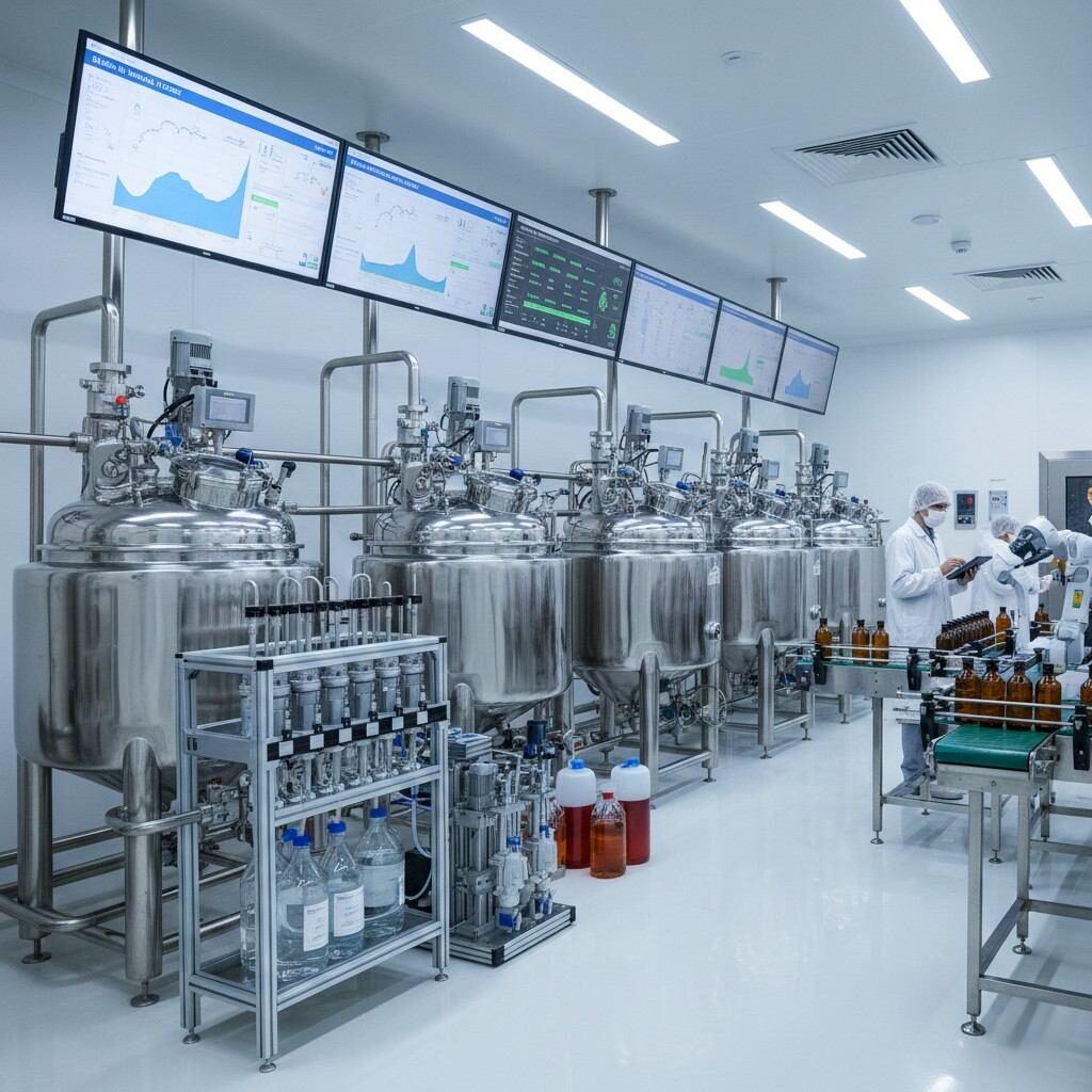 Controlled food-grade flavor production line equipped with closed mixing vessels, automated dosing systems, and digital quality monitoring interfaces to ensure precise formulation, batch consistency, and efficient large-scale flavor manufacturing.