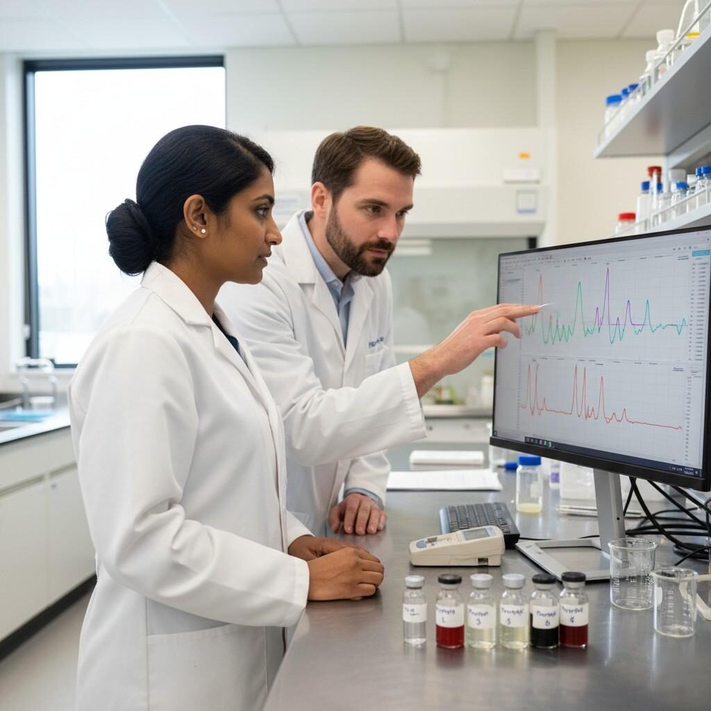  A professional photograph depicting a flavor chemist and a client's food scientist collaboratively reviewing a chromatogram on a monitor in a well-lit laboratory, surrounded by prototypes and instruments, emphasizing integrated R&D and shared decision-making.