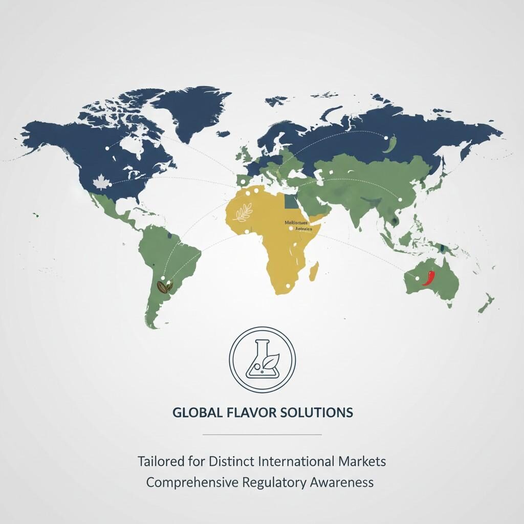 A stylized, minimalist world map highlighting various regions with specific flavor icons (e.g., olive for Mediterranean, chili pepper for Asia) connected to a central lab icon, symbolizing a flavor house's global regulatory awareness and ability to tailor flavors for distinct international markets.
