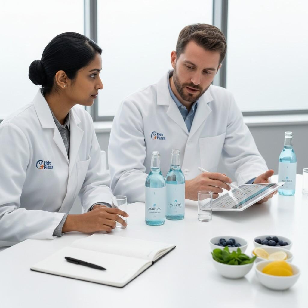 A high-quality, aspirational commercial photo showcasing a sleekly packaged functional beverage alongside a computer monitor displaying a successful scientific chart, highlighting the perfect marriage of scientific innovation and market-ready product development.