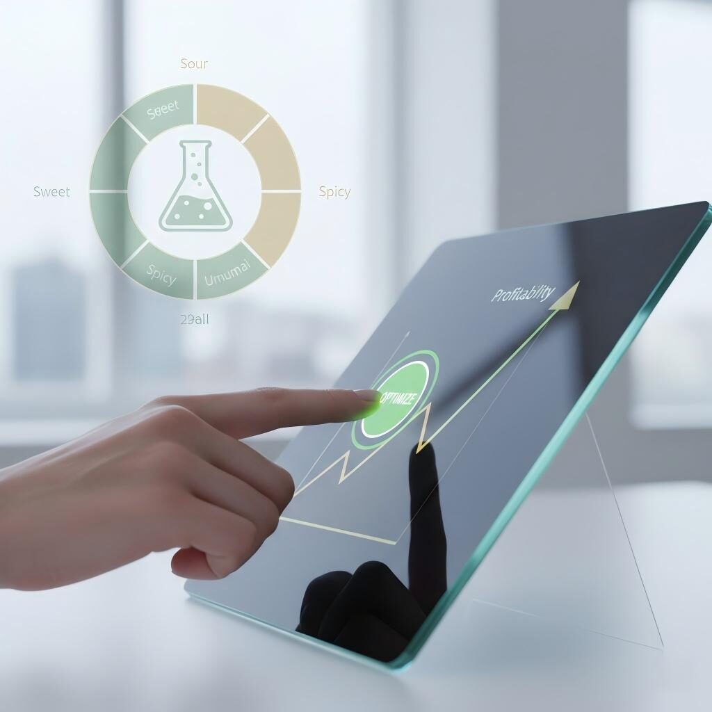 A clean, modern visual of a hand interacting with a digital tablet displaying an upward trend in profitability, featuring a stylized flavor wheel and beaker to represent data-driven success in the flavor industry.