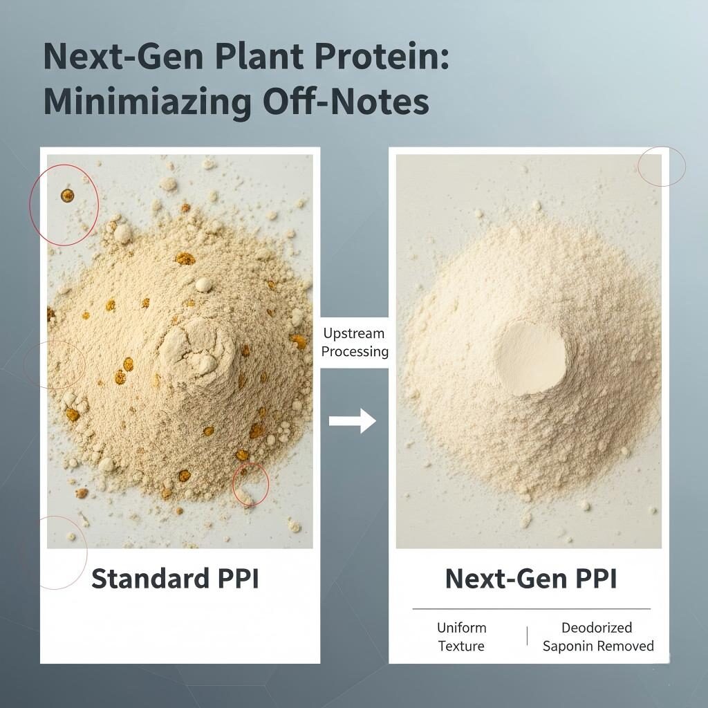 Pea Protein Isolate, PPI quality, lipid oxidation in protein, saponin removal, protein deodorization, plant protein off-notes, food science laboratory, ingredient processing