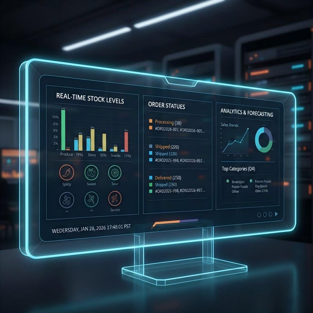 A sleek, futuristic representation of an inventory management dashboard featuring real-time stock levels, order statuses, and unique flavor category analytics for the food and beverage industry.