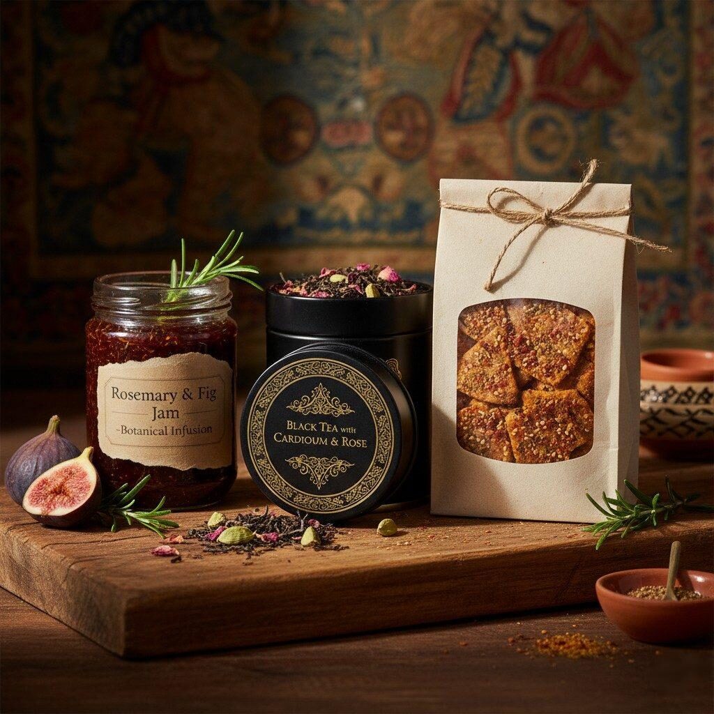 A beautifully styled, editorial image showcasing three premium, artisanal products: a jar of Rosemary and Fig Jam, a tin of Black Tea with Cardamom and Rose, and savory crackers seasoned with Smoked Paprika and Za’atar. The composition emphasizes high craftsmanship and a sophisticated, global culinary influence, perfect for gourmet food blogs, retail, and lifestyle content