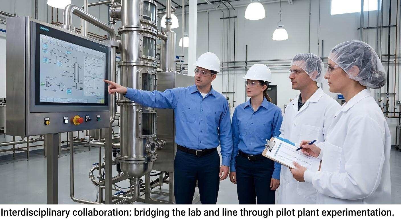 Food scientists and engineers collaborating at a pilot plant to bridge the gap between laboratory research and large-scale production.