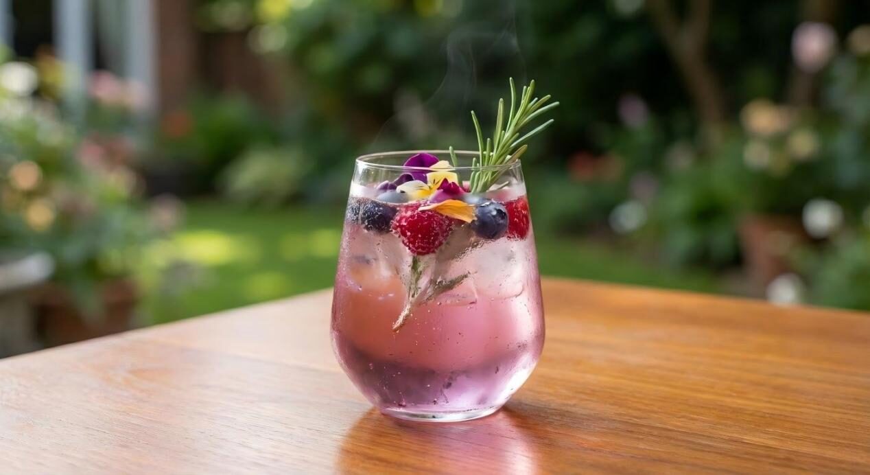 A high-end "hero" shot of a chilled botanical drink with condensation and vibrant colors, representing the peak of flavor innovation.