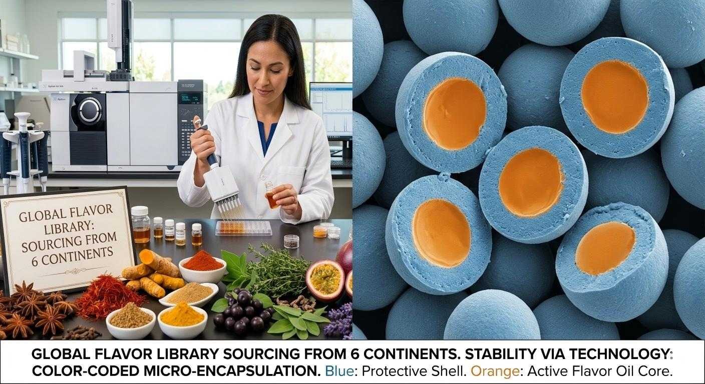 Stylized SEM micrograph showing color-coded micro-encapsulated flavor beads designed for superior shelf stability in diverse climates.