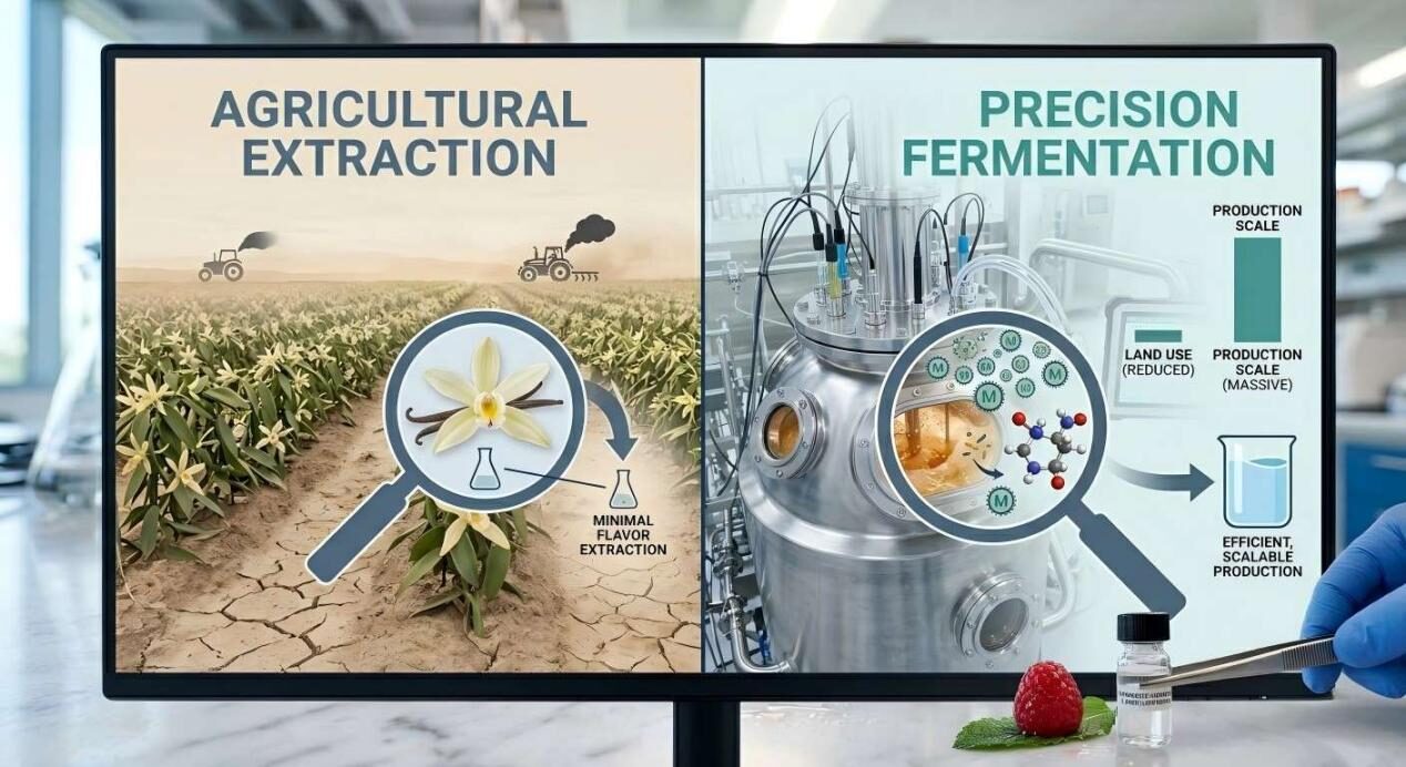 A split-screen infographic comparing traditional vanilla orchid extraction with the efficiency and scale of precision fermentation.