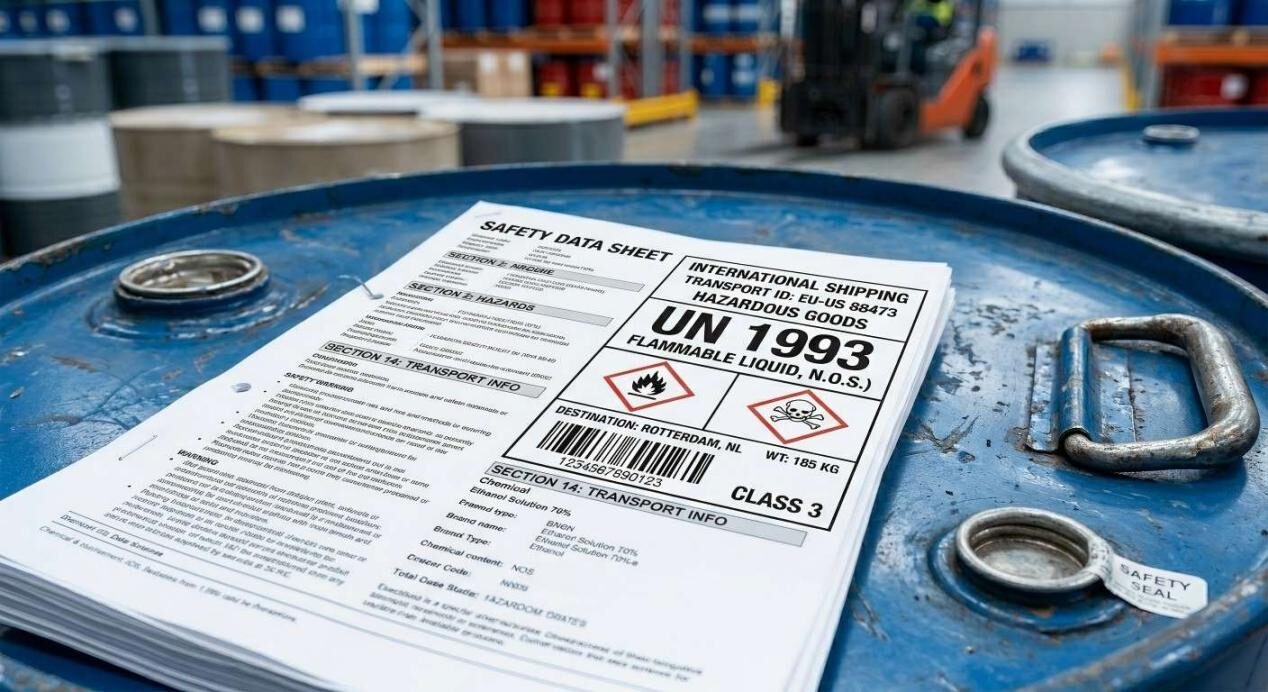 A macro shot of a Safety Data Sheet and international shipping label with UN 1993 code resting on a metallic industrial drum.