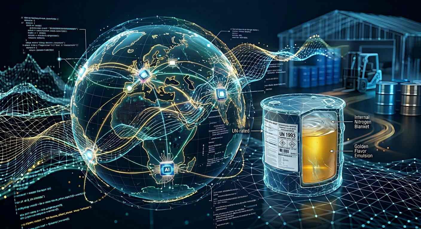 An abstract high-tech visualization of a digital globe with AI nodes and supply chain routes connected to industrial storage data.