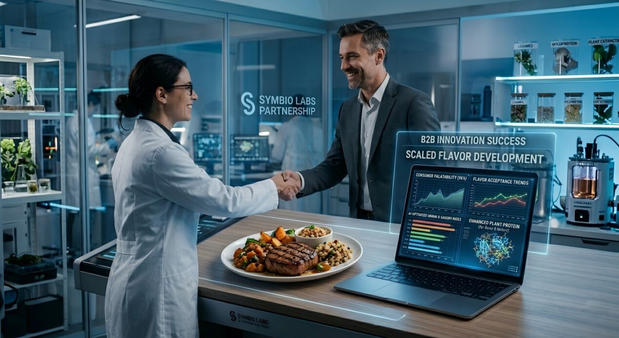 A corporate lab scene featuring a business-scientist partnership alongside an optimized plant-based meal and flavor data dashboard.