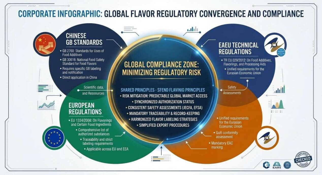 An informative infographic mapping the regulatory convergence of Chinese, European, and EAEU standards to streamline global flavor compliance and risk mitigation.