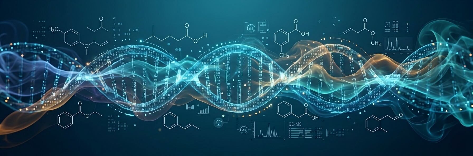 فن رقمي تجريدي تصوري يوضح مستقبل تكنولوجيا النكهات مع هياكل جزيئية ودمج البيانات الرقمية للابتكار الغذائي.