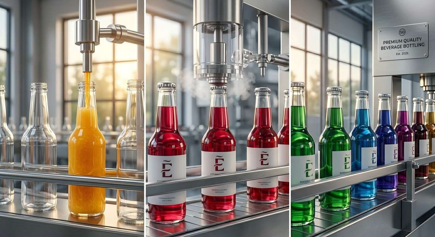 خط تعبئة مشروبات صناعي راقٍ يسلط الضوء على عمليات التعبئة السائلة الفاخرة ومعايير الإنتاج عالية الجودة.