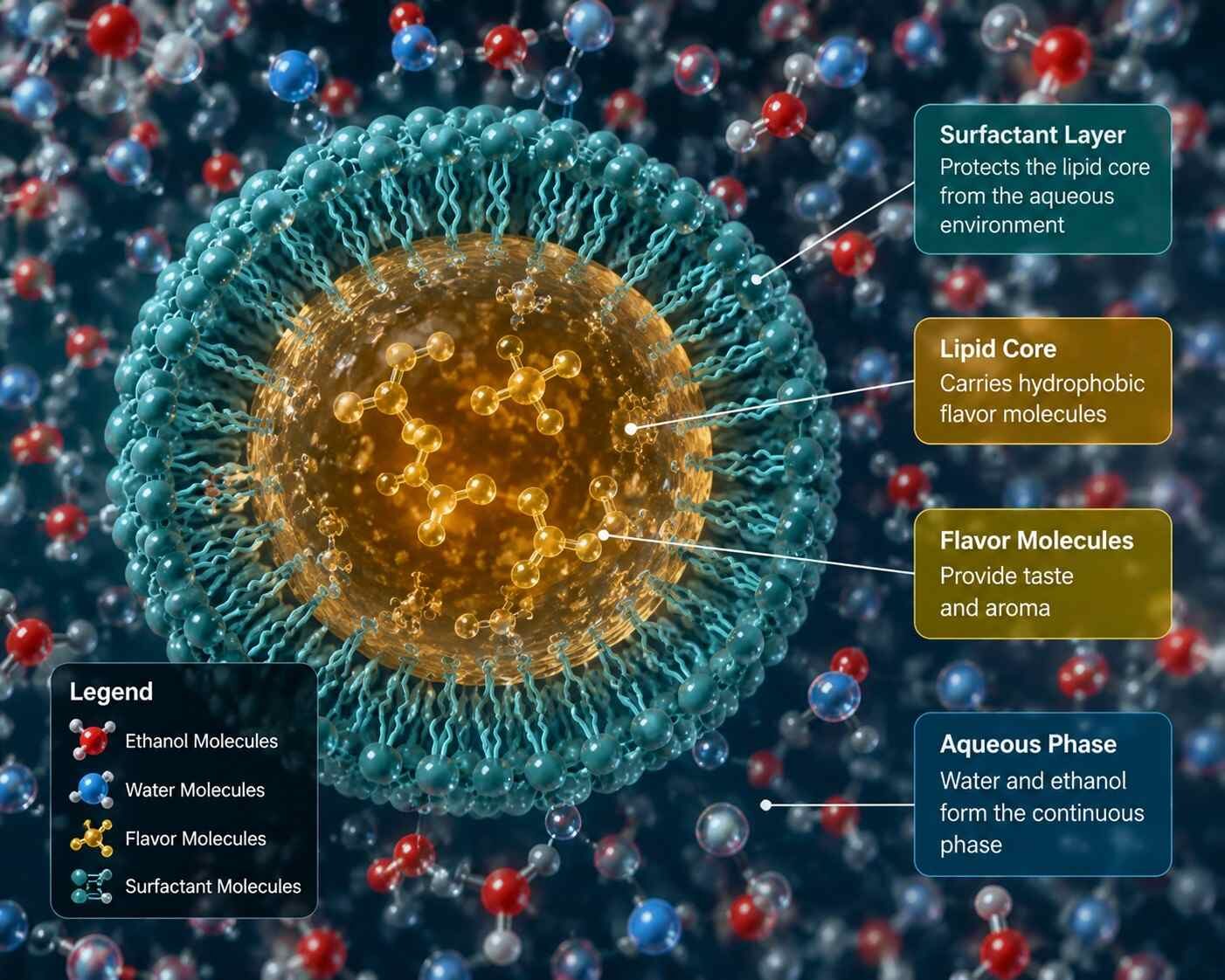 A highly detailed 3D macro scientific visualization showing a lipid-based emulsion droplet containing flavor molecules, protected by a surfactant layer within a mixture of ethanol and water molecules.