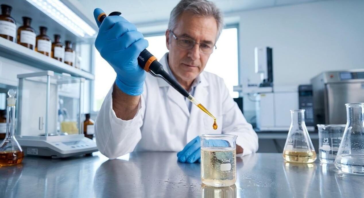 A detailed macro photograph of a flavorist using a precision pipette to create complex beverage formulations.
