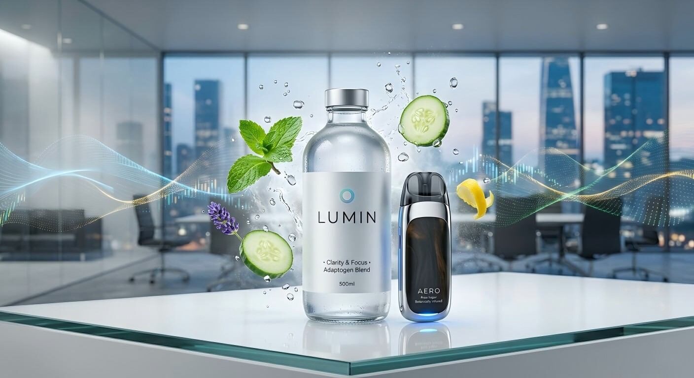 A conceptual, minimalist presentation of a premium functional beverage and innovation, symbolizing market-leading design and quality.