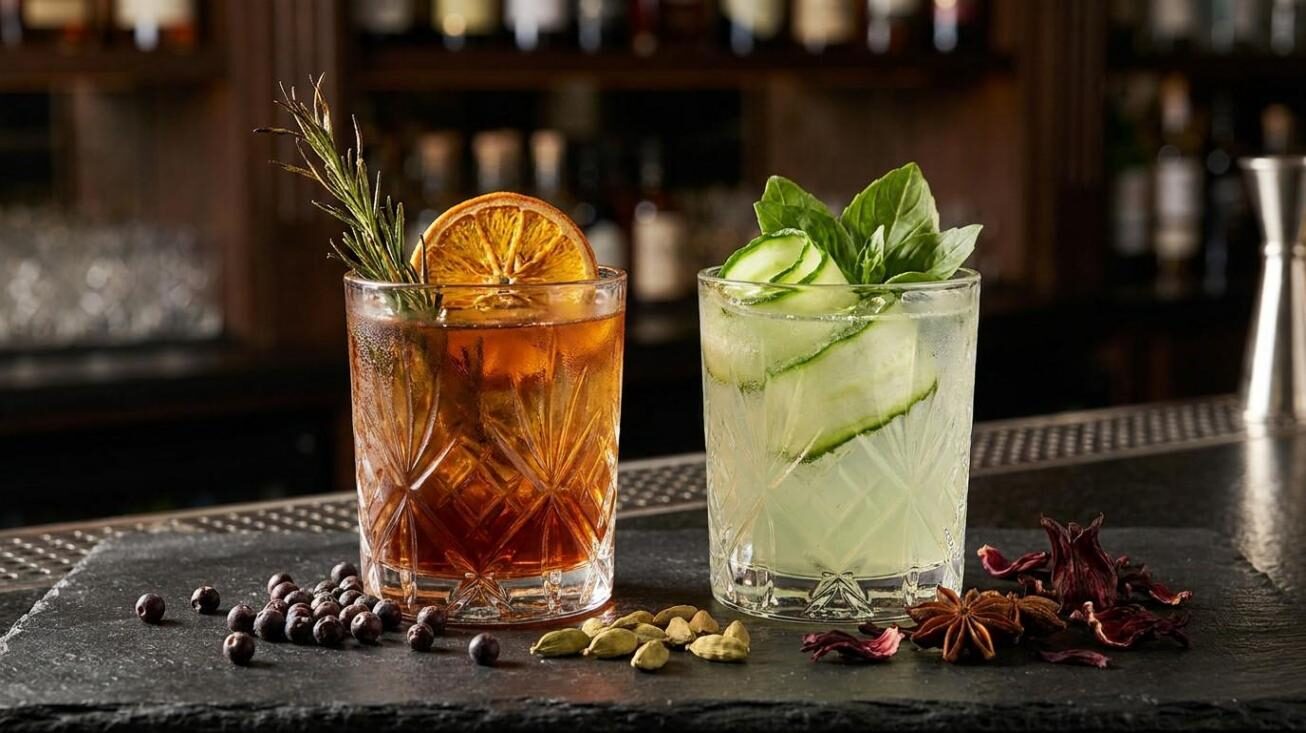 Deux verres de mocktail haut de gamme contenant des boissons botaniques ambrées et vert pâle, entourés de baies de genièvre, de cardamome et d’anis étoilé — illustrant la complexité sensorielle abordée dans cet article technique sur la formulation de saveurs de spiritueux sans alcool par CUIGUAI Flavoring.
