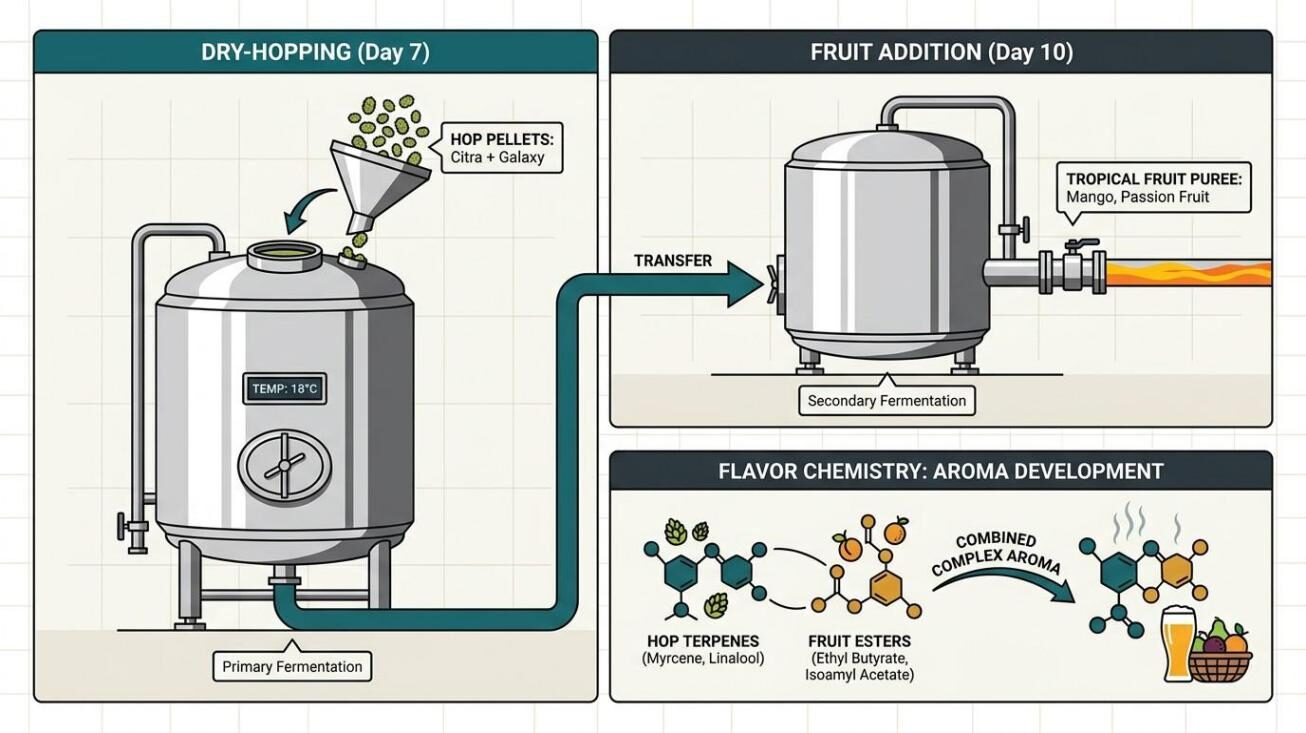 A technical illustration of a craft brewery's dual-vessel process — dry-hopping with Citra + Galaxy during active fermentation (left) and adding mango-passion fruit puree at conditioning (right) — with flavor chemistry diagrams showing terpene and ester combination. CUIGUAI Flavoring brewing science guide.